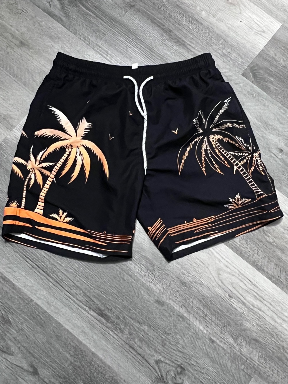 SHEIN Black Swim Trunks with Peach Palm Print